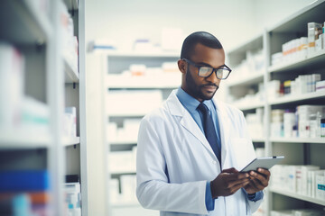 Pharmacist Using Digital Tablet to Manage Inventory in Modern Pharmacy. Healthcare Technology and Pharmaceutical Services Concept