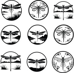 dragonfly silhouette, logo, set vector illustration
