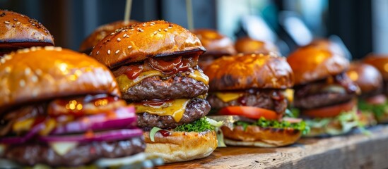 A display of hamburgers arranged neatly on a rustic wooden tabletop, showcasing the delicious food ready to be enjoyed at the event