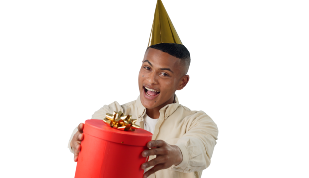 Happy, party hat and portrait of man with gift for birthday, giveaway or celebration surprise. Excited, smile and face of young male person with present box isolated by transparent png background.