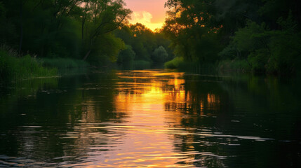 A serene river reflecting the soft pinks and oranges of the sunset with tall gres creating a dreamy atmosphere.