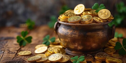 saint patricks day, A Mystical Pot of Gold Coins Topped with a Lucky Four-Leaf Clover, Glistening Under a Vibrant Rainbow, Generative AI