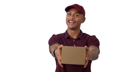 Portrait, happy man and courier with delivery box for distribution isolated on a transparent png background in Cape Town. Smile, shipping and person giving a package, parcel or cargo for logistics