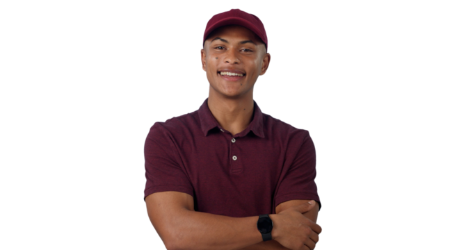 Delivery man, portrait and arms crossed with confidence or happy for supply chain, distribution and shipping. Professional, face and retail worker for courier isolated on a png transparent background