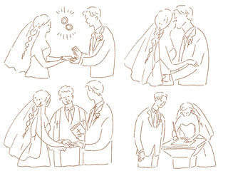 新郎新婦（指輪の交換、誓いのキス、結婚宣言、結婚証明書へのサイン）、線画