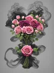 Bouquet of pink and purple roses with black smoke