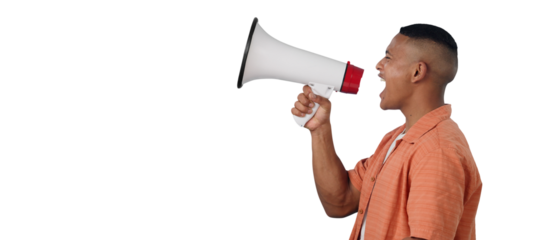 Man, megaphone and protest with angry speech, voice and rally for justice on transparent or png background. College student, profile or speaker with call to action, announcement and attention on news