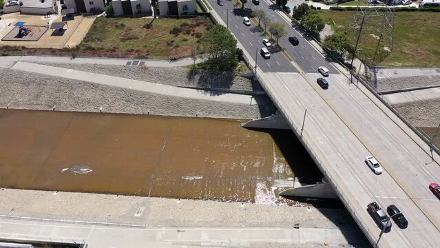 Aerial view of the Rio Hondo River as it flows through Downey and Bell Gardens, California, USA.