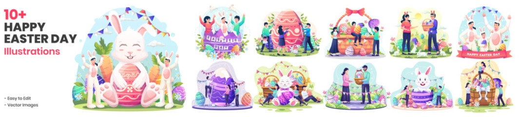 Obraz na płótnie Canvas Set Collection of Easter Day Illustrations. People Celebrate Easter Day With Bunnies, Baskets of Eggs, Flowers, and Decorations. Vector Illustration