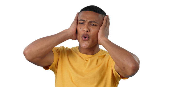 Omg, surprise and man with gossip, drama and isolated on transparent png background. Male person, news and shock for information, announcement and secret or wtf, overwhelmed and mind blown or what
