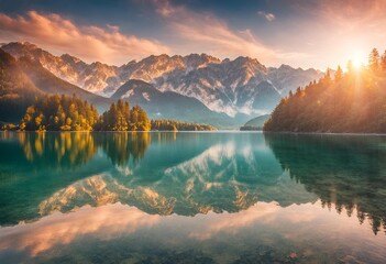 Lake with Mountains & Clouds  - obrazy, fototapety, plakaty