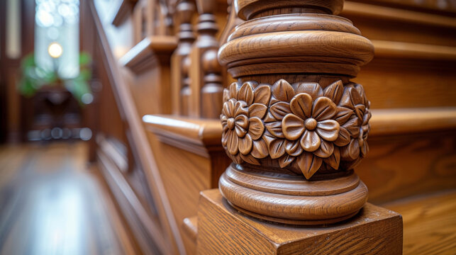 A detailed shot of an intricately carved wooden railing in a restored Victorian home showcasing the skill and attention to detail required for historical restoration.