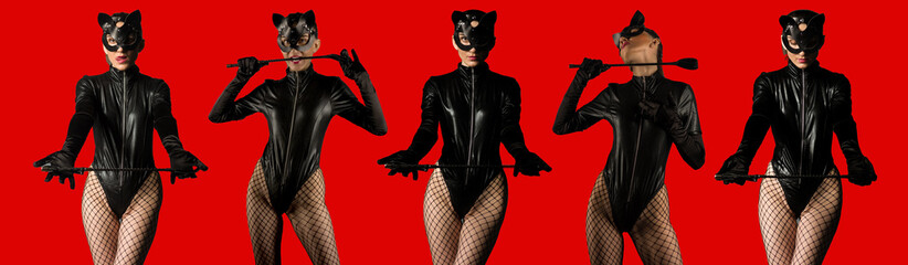 Set of five images beautiful dominant brunette mistress woman in catsuit, gloves and bdsm black leather fetish cat mask posing with riding crop - obrazy, fototapety, plakaty