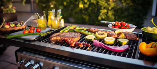 Summer Barbecue Grill Party with Steaks and Vegetables in Outdoor Setting. Culinary Leisure and...