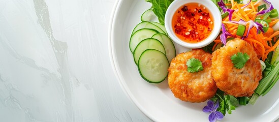 A delicious dish of deepfried vegetables with a tasty sauce, garnished with fresh produce. Served on a plate on the table