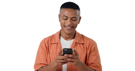 Smile, networking and gen z man with phone, typing and communication isolated on transparent png background. Social media, email or person with smartphone reading online chat, blog post or website.