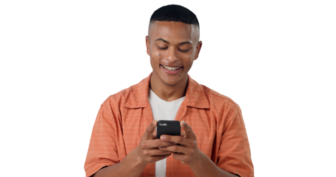 Smile, networking and gen z man with phone, typing and communication isolated on transparent png background. Social media, email or person with smartphone reading online chat, blog post or website.