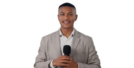 Smile, reporter and portrait of man with microphone for announcement, news or tv show. Happy, presenter and male host talking with mic for journalism or press isolated by transparent png background.