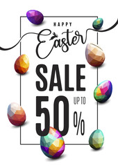 Happy easter sale with colorful low poly easter egg banner promotion discount up to 50 percent off
