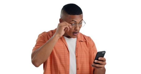 Surprise, glasses and man with smartphone, news and scam online in transparent or png background. Person, reading and notification in email of internet phishing, fraud and phone with announcement