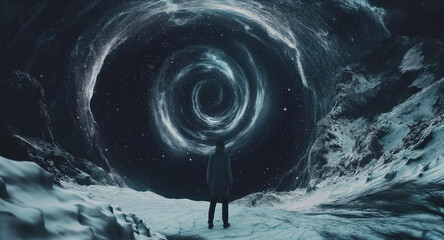A man in the snowy north looking at a black hole in the sky. Generative AI - obrazy, fototapety, plakaty