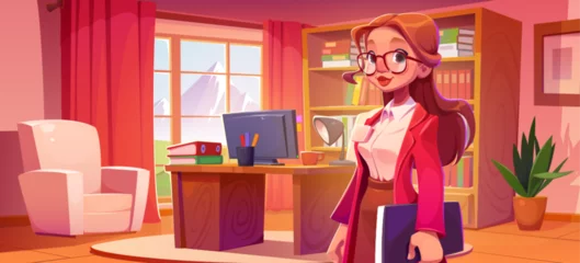 Gordijnen Business woman with paper documents standing in office room interior. Cartoon smiling female executive manager or secretary in work space with computer on desk, folders in cabinet with shelf, armchair © klyaksun