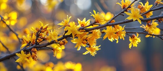 A detailed shot of a tree twig covered in vibrant yellow flowers, set against a backdrop of a natural landscape with grass and a clear blue sky