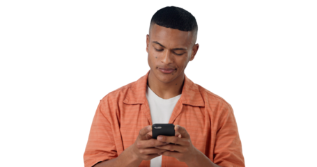 Reading, networking and gen z man with phone, typing and communication isolated on transparent png background. Social media, email or person with smartphone checking online chat, blog post or website