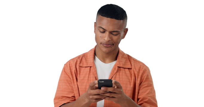 Reading, networking and gen z man with phone, typing and communication isolated on transparent png background. Social media, email or person with smartphone checking online chat, blog post or website