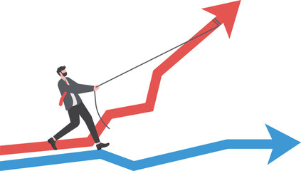 Turn cost dial to low position,businessman pulling performance graph rising up with full effort,growth , improvement,financial interest rate vector illustrator.

