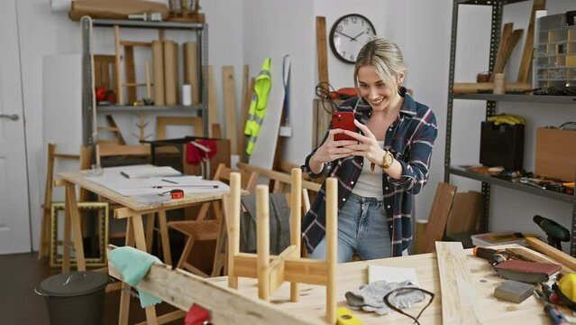 Blonde woman taking photo in woodworking workshop