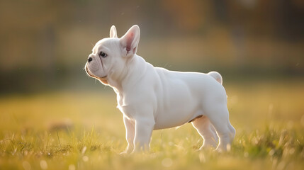 white bulldog standing on grass in summer. french bulldog standing on the meadow