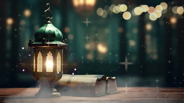 Beautiful Green Islamic Lantern in the holy night with glitter lights