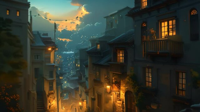 Old town panorama painting illustration anime background. cartoon and anime style	
