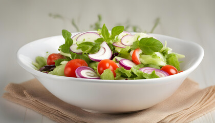 Fresh salad with tomatoes in the white bowl
