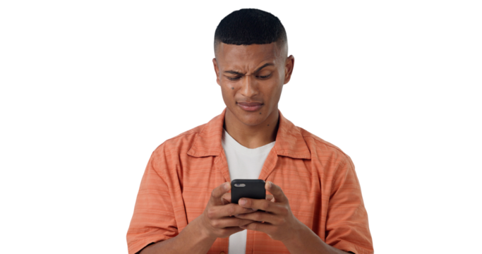 Confused, networking and man with phone, typing and communication isolated on transparent png background. Social media, email and frustrated person with smartphone, connection or signal problem.