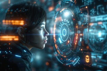Woman with Futuristic Holographic Interface Projection. Close-up of a woman with a visionary holographic interface around her head, showcasing a digital data overlay and futuristic technology.