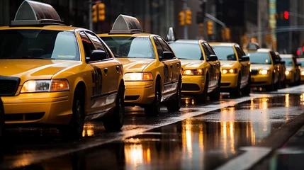 Abwaschbare Fototapete There are many modern yellow taxi cars on city roads in rainy weather. © liliyabatyrova