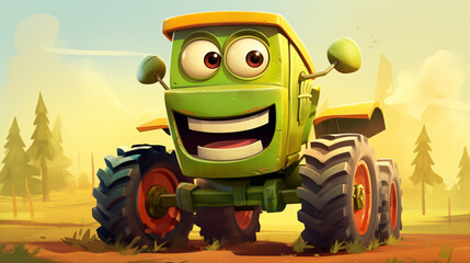 Illustration of a happy tractor character, cartoon.