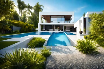 Beautiful backyard of elegant and modern house, swimming pool, short grass, trees and tropical plants, blue sky in the background