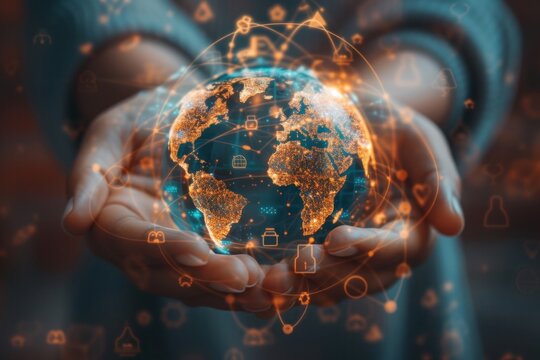 Global Network and Innovation Concept. Close-up of a person's hands manipulating a glowing digital globe with network icons, symbolizing global connectivity and data exchange.