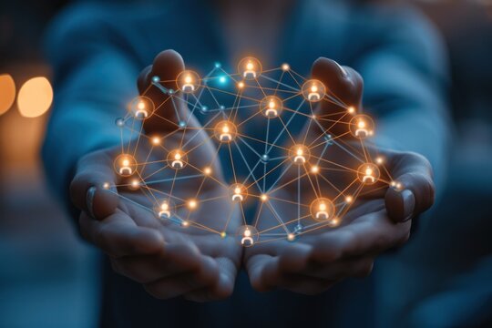 Global Network and Innovation Concept. Close-up of a person's hands manipulating a glowing digital globe with network icons, symbolizing global connectivity and data exchange.