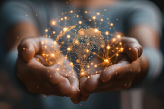Global Network and Innovation Concept. Close-up of a person's hands manipulating a glowing digital globe with network icons, symbolizing global connectivity and data exchange.