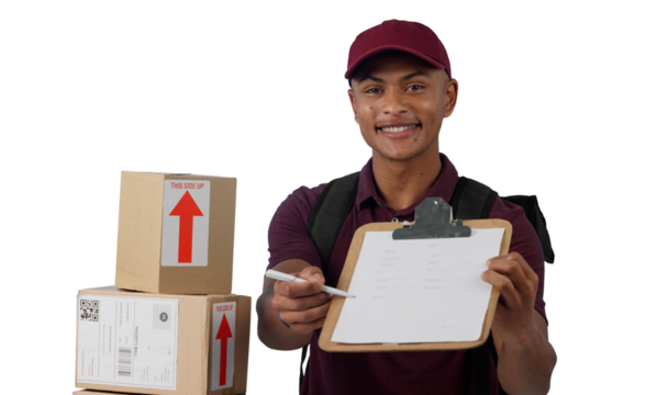 Delivery man, portrait or sign checklist for courier service with boxes or distribution to dispatch product. Face, logistics worker or signature for package or isolated on transparent png background