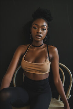 A young African American woman sits on a wooden chair wearing streetwear, with a bare midriff