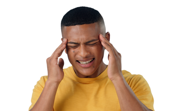 Stress, headache and man with anxiety or burnout on isolated, transparent or png background. Vertigo, brain fog and male model with temple massage for overthinking pressure, panic attack or mistake