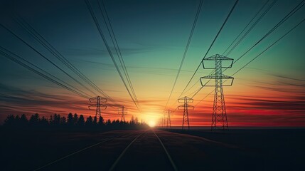 the sun is setting behind a couple of power lines, in the style of light maroon and light green, free-flowing lines, dark blue and yellow, tenwave, uhd image, non-representational, post processing