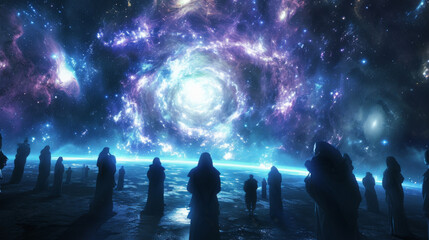 Against a backdrop of shimmering galaxies a group of cosmic angels gather in a circle their hands clasped in prayer as they connect with the divine.