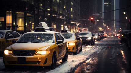 Yellow taxi cars on city roads during snowfall.