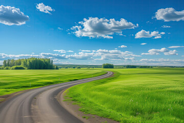 a road going through a green field in the sky at a sunny day